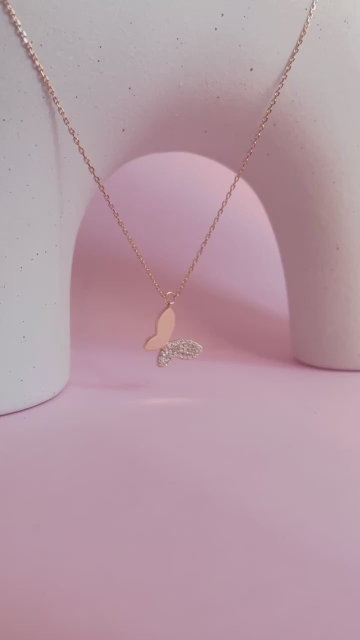 Chic Butterfly Necklace, Rose Gold, video, Treat yourself or a loved one to this enchanting necklace featuring delicate butterfly motifs that shimmer with warmth., $120.00