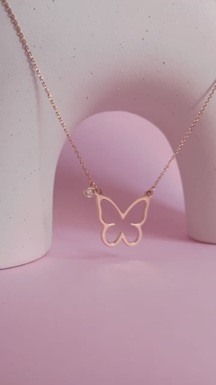 Open Butterfly Necklace, Rose Gold, video, Treat yourself or your loved one with this beautiful necklace featuring an elegant design that captures the essence of a butterfly motif, making it a perfect addition to any outfit.,$110.00